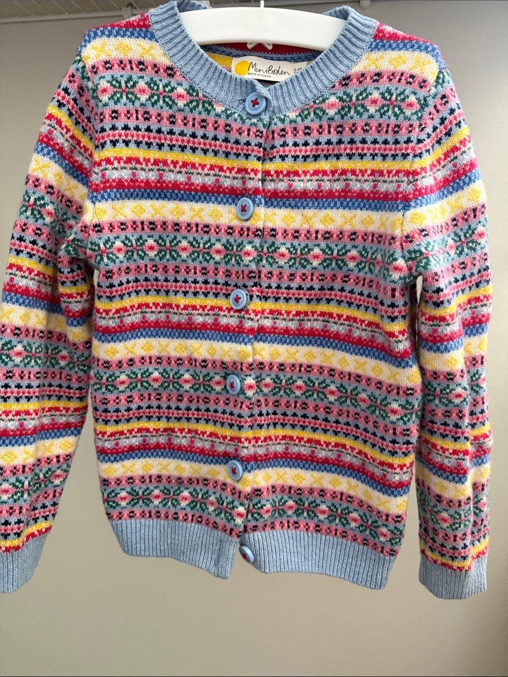 Mini Boden Multicolor Fair Isle Cardigan with Blue Trim